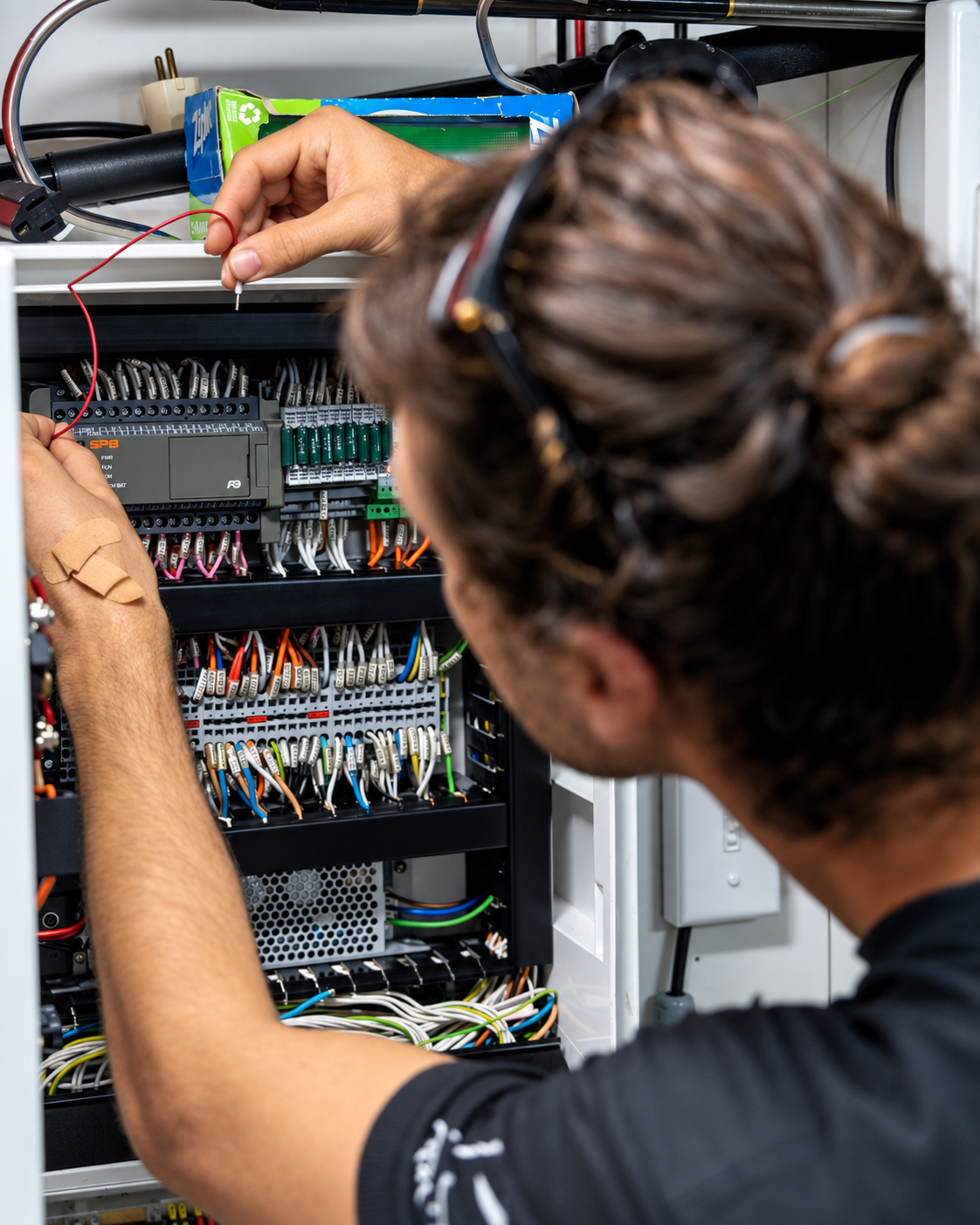 Technician testing a yacht electrical control panel