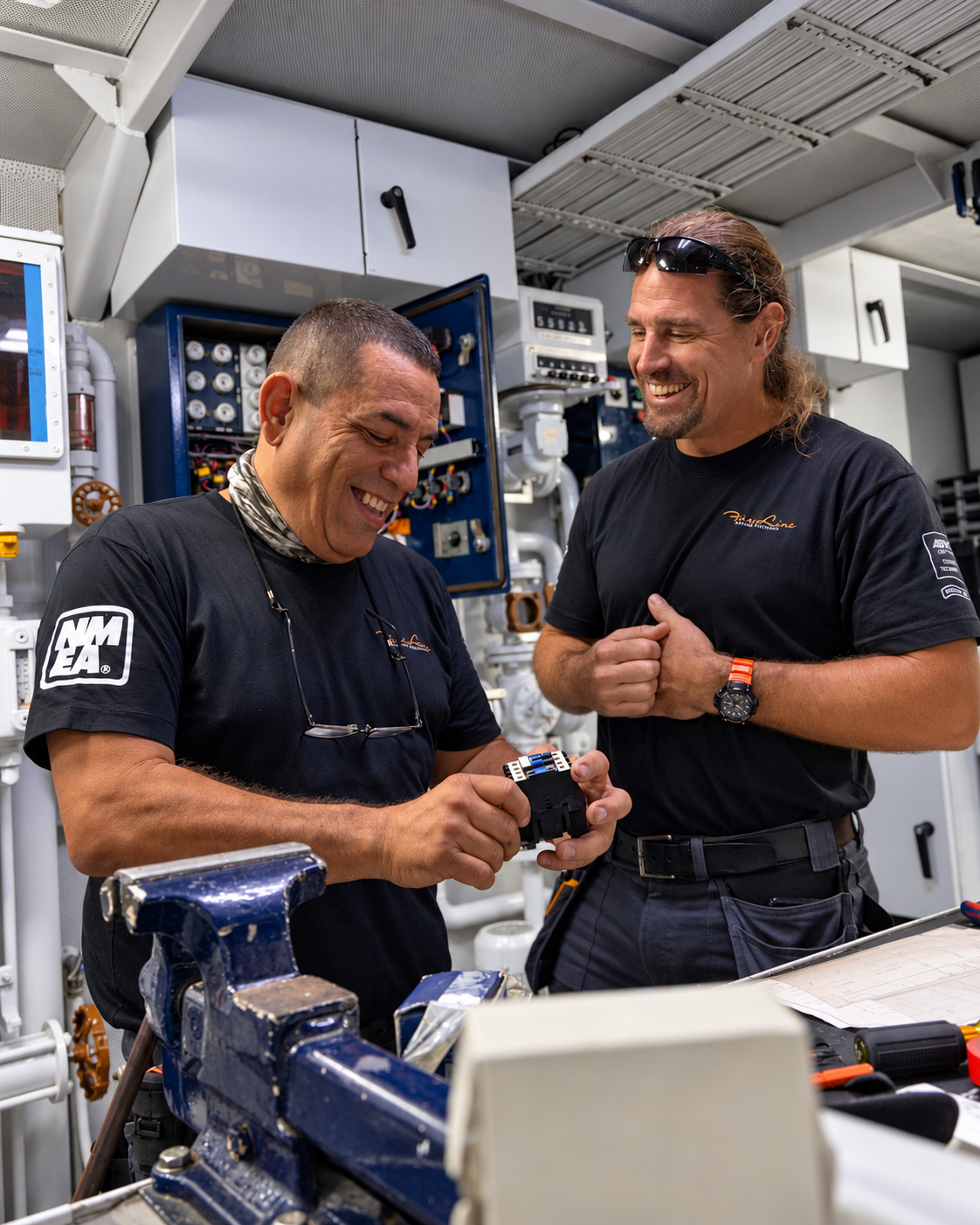 Fine Line marine technicians working aboard a yacht