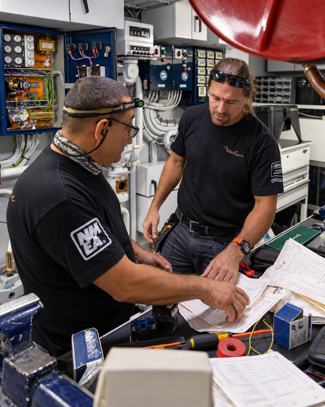 Marine technicians reviewing technical documentation