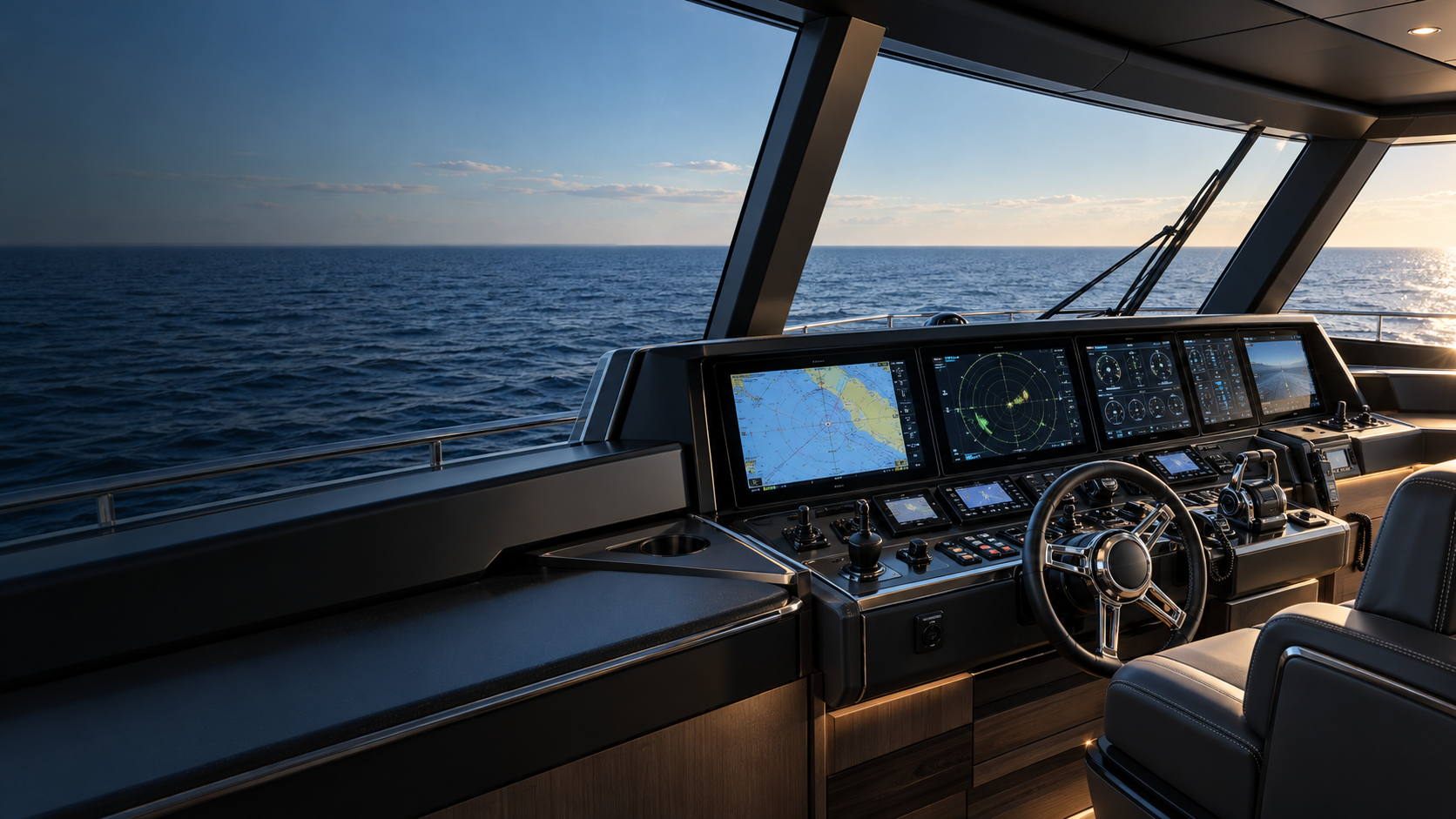 Yacht helm with navigation displays and marine electronics
